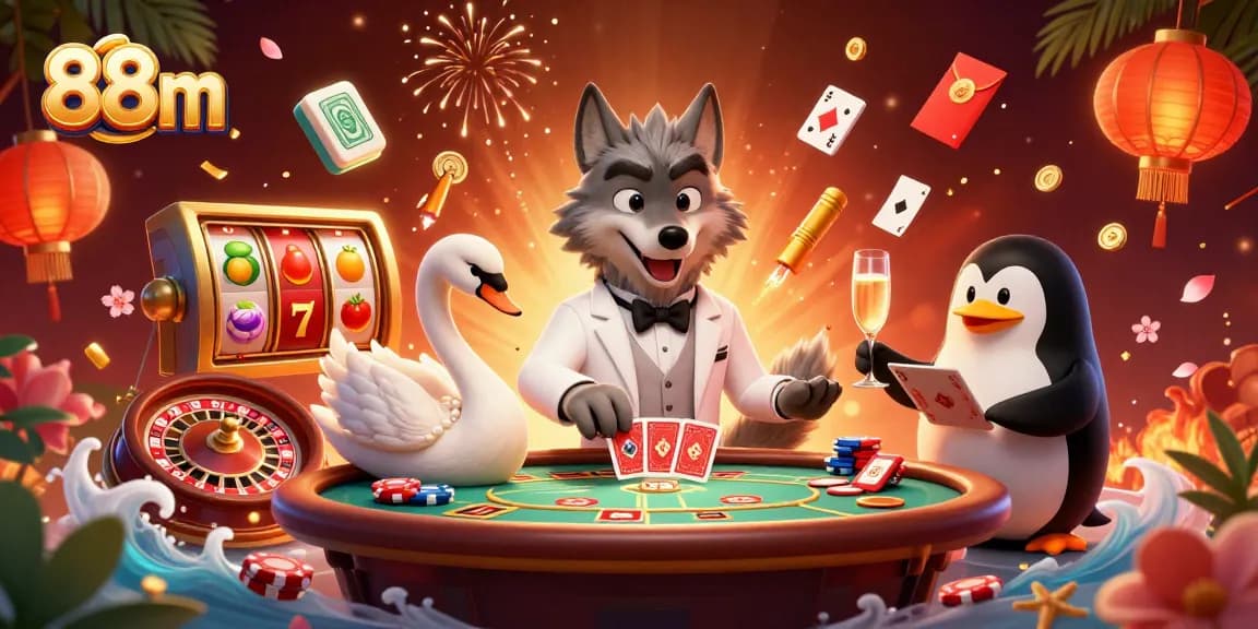 88m's vibrant casino scene showcases a debonair wolf and elegant companions at the baccarat table.
