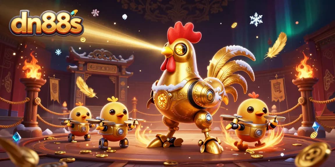 Engage with thrilling gameplay at dn88s featuring a dazzling 3D rooster robot illustration.