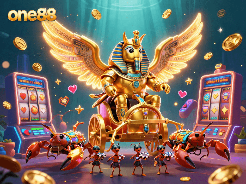 Experience thrilling gameplay at one88 with a dynamic scene of a golden scarab beetle amidst colorful casino elements.