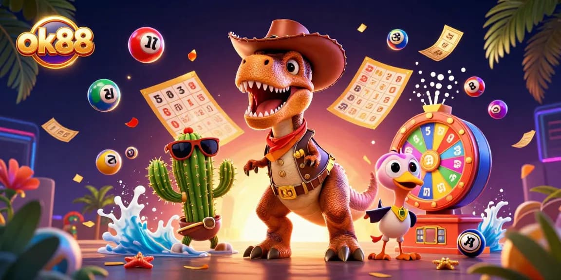 Experience the excitement of ok88 with colorful lottery balls and a dynamic casino scene featuring unique characters.