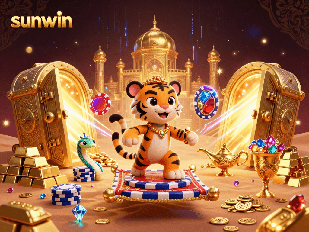 Sunwin: Experience the vibrant energy of casino treasures in this magical 3D scene.