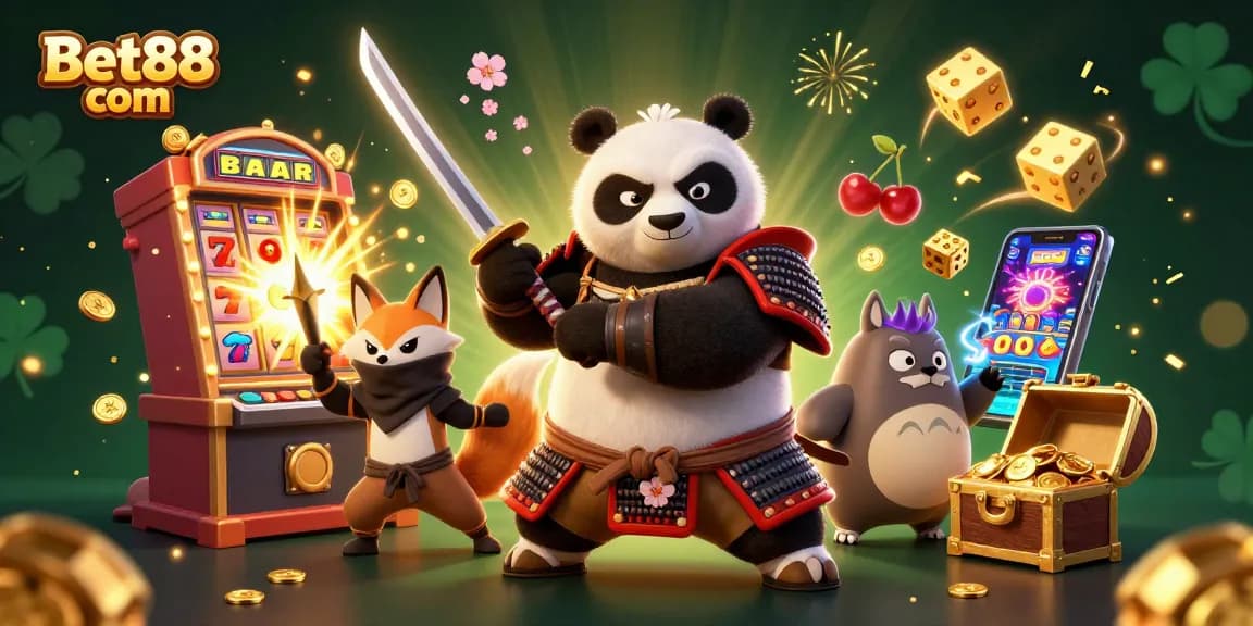 Experience the excitement at Bet88 com with vibrant characters and thrilling casino elements in a dynamic scene.