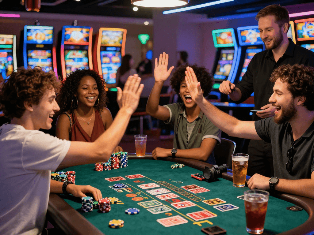 Join the fun at https://vin88-casino.games/ with friends celebrating a win at a lively casino table game.