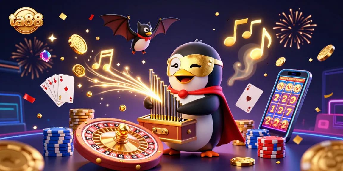 Engage with ta88 while a penguin plays an organ shooting golden coins in a vibrant casino scene.