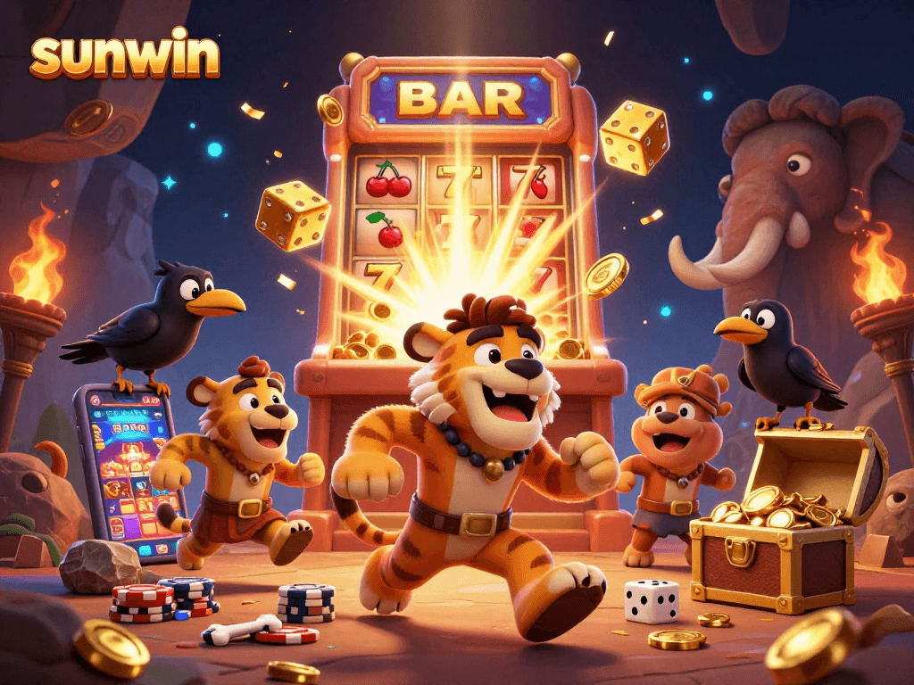 Win big with sunwin in this lively prehistoric casino scene filled with excitement.