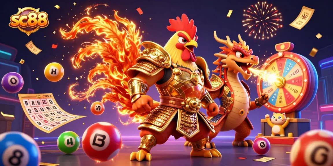 Join the exciting action at SC88, featuring dynamic gaming elements like lottery balls and a mascot in a vibrant atmosphere.
