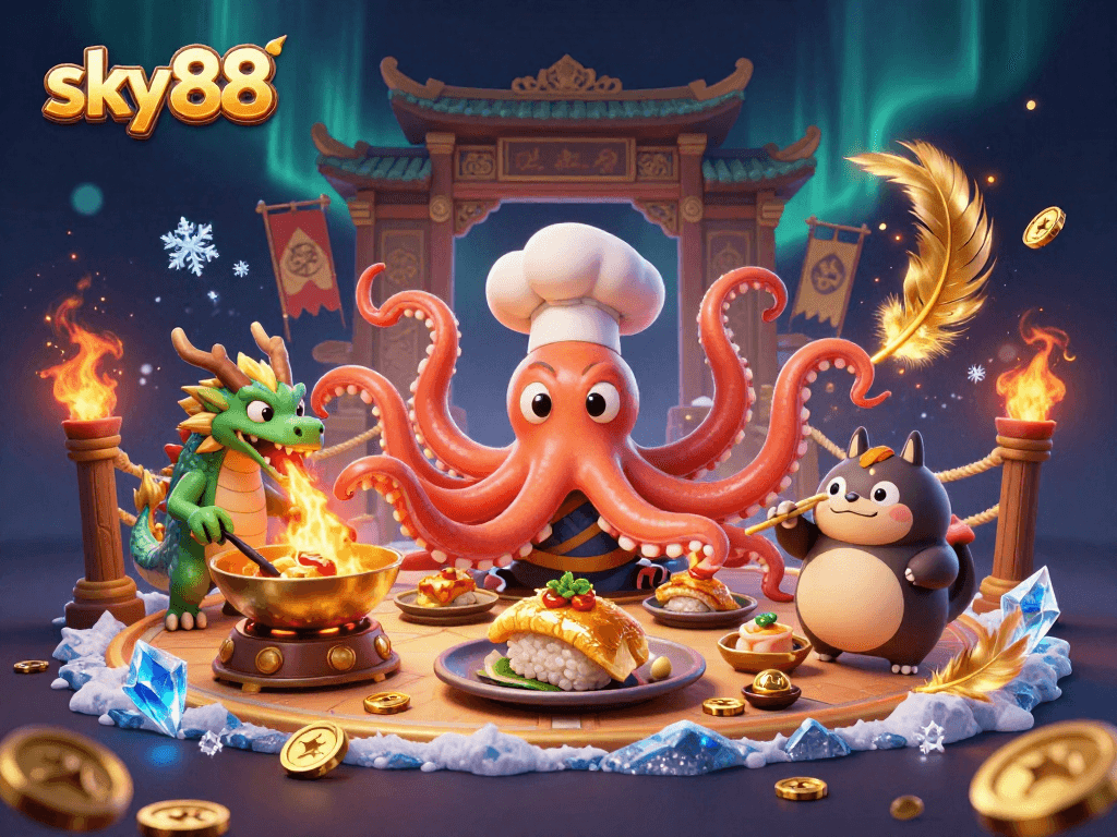 Engage with exciting games at Sky88 while winning big at the colorful, animated casino scene.