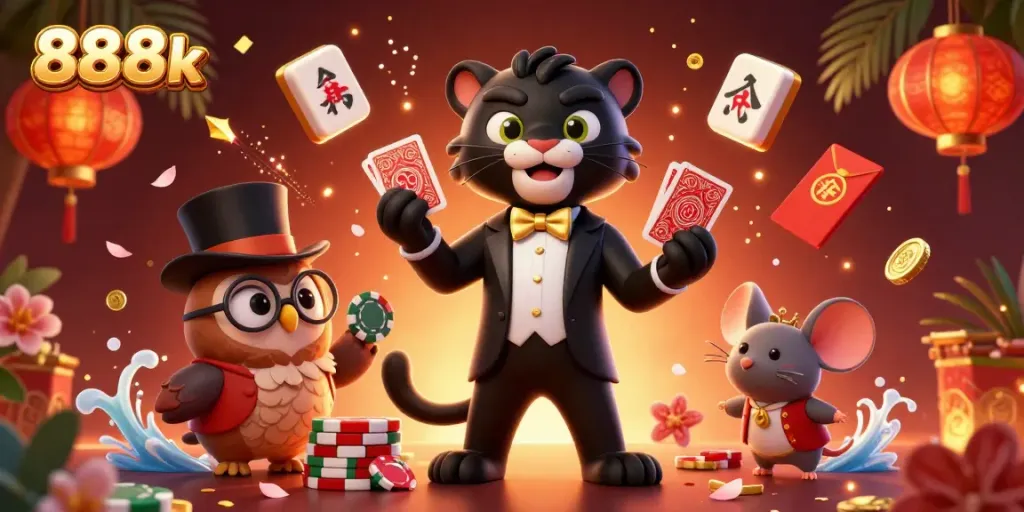 Experience the thrill of 888k with our stylish panther dealer, glowing lanterns, and vibrant casino elements.