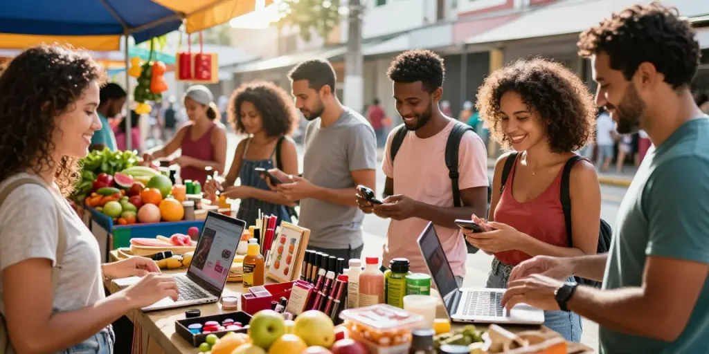 Shoppers exploring diverse Produtos in a vibrant Brazilian market