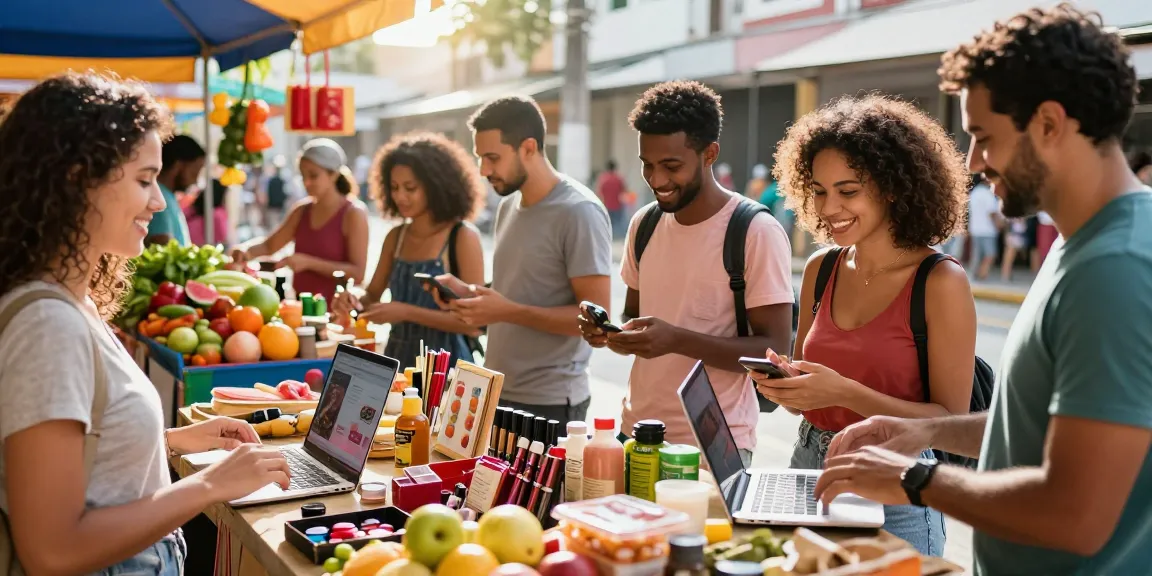 Shoppers exploring diverse Produtos in a vibrant Brazilian market