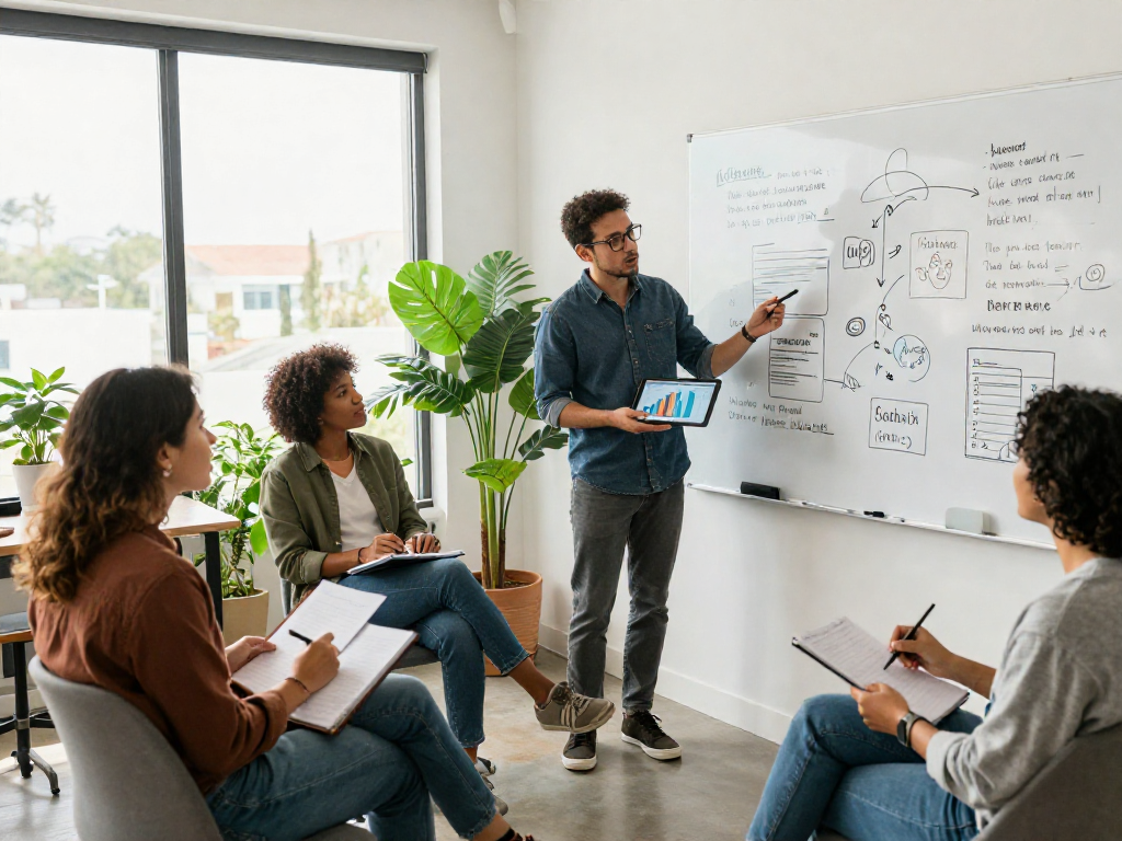 Team collaborating on goals at a co-working space, showcasing strategies under the theme of rokok88.