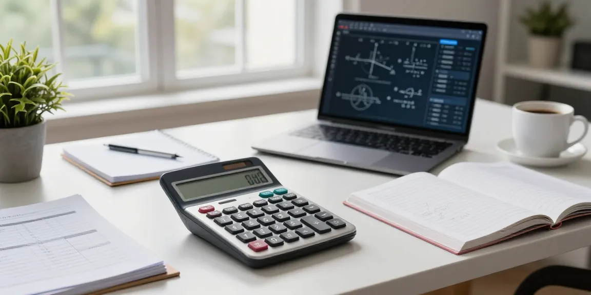 Calculadora científica em ambiente de estudo moderno com materiais de matemática ao redor.