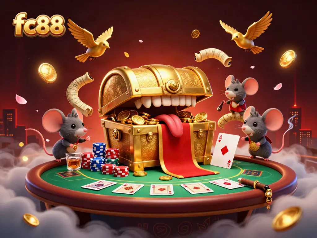 Engaging scene showcasing fc88, featuring a treasure chest, adventurer mice, poker elements, and vibrant casino atmosphere.