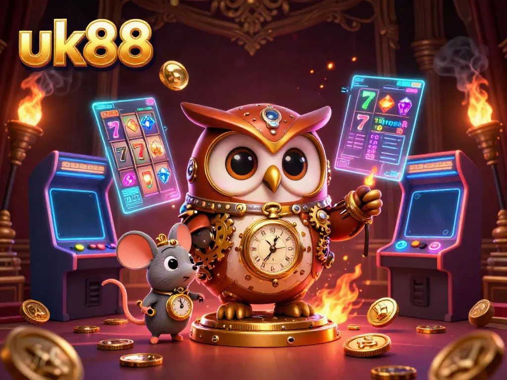 Experience the thrill of uk88 casino gaming with a steampunk owl and clockwork mouse amidst slot reels.