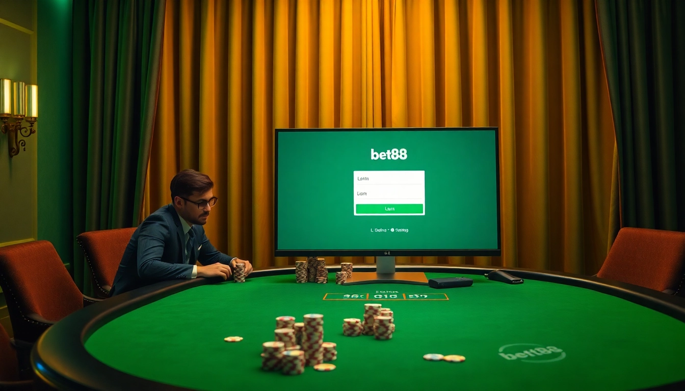 Experience seamless Bet88 đăng nhập amidst a luxurious online casino ambiance featuring intense gameplay.