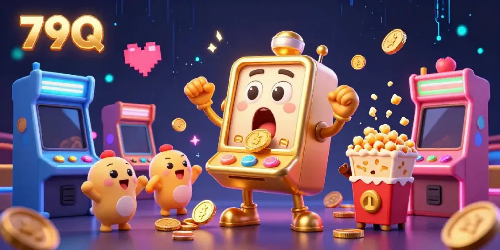 79Q's cartoon slot machine hitting a jackpot, surrounded by cheering baby machines and gaming elements.
