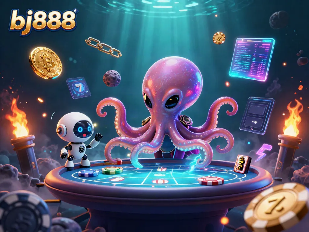 Experience thrilling gameplay at bj888 with a vibrant 3D scene of an alien octopus at a poker table.