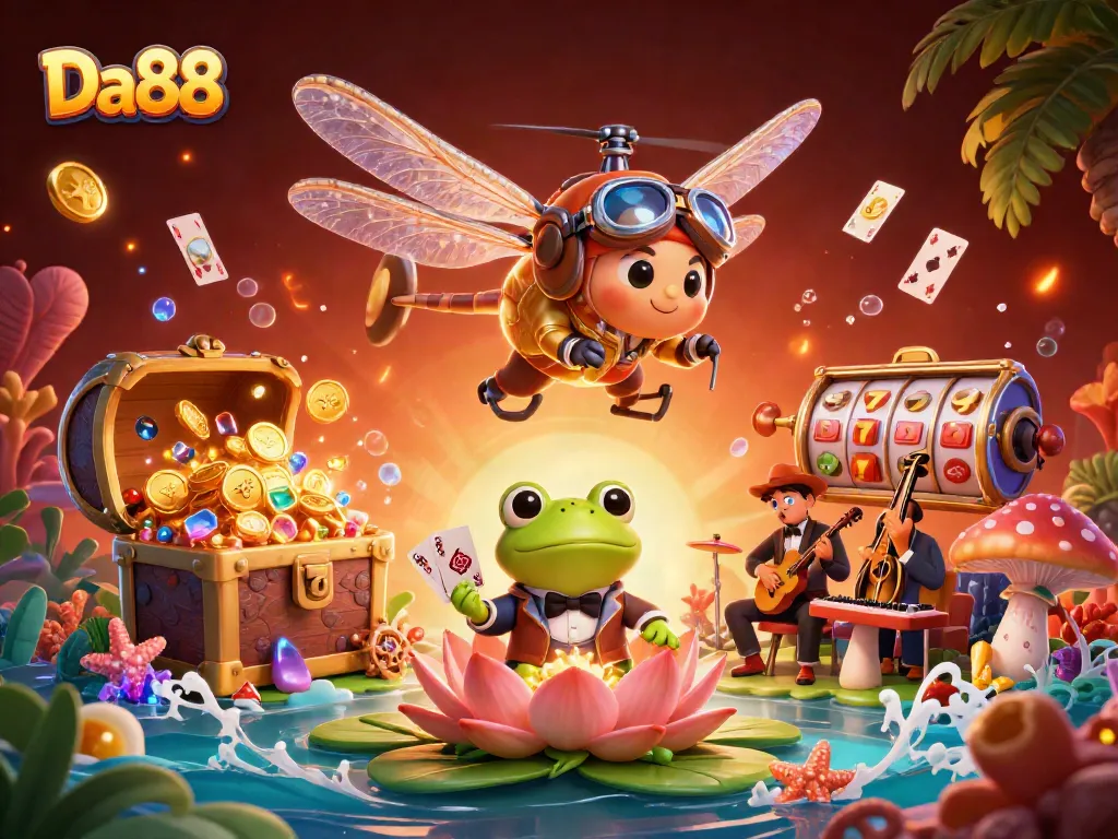 Da88 showcases an engaging casino scene with dynamic characters, slot elements, and vibrant treasures.