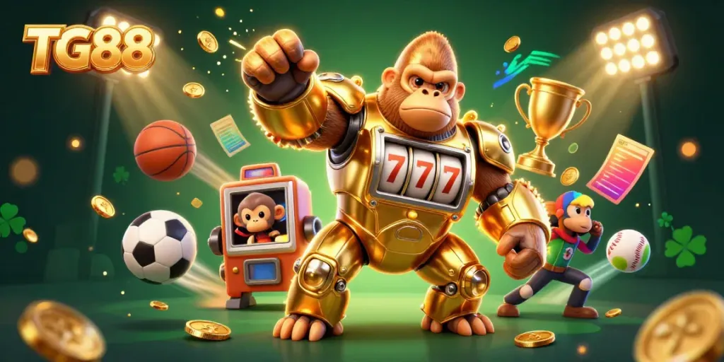 Engage with TG88's thrilling gaming experience illustrated by a golden gorilla mech amid dynamic sports elements.