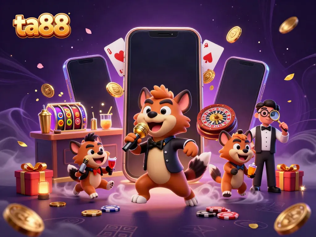 Engage with ta88 in a vibrant casino atmosphere featuring 3D hyena characters showcasing comedy, bartending, and security activities.