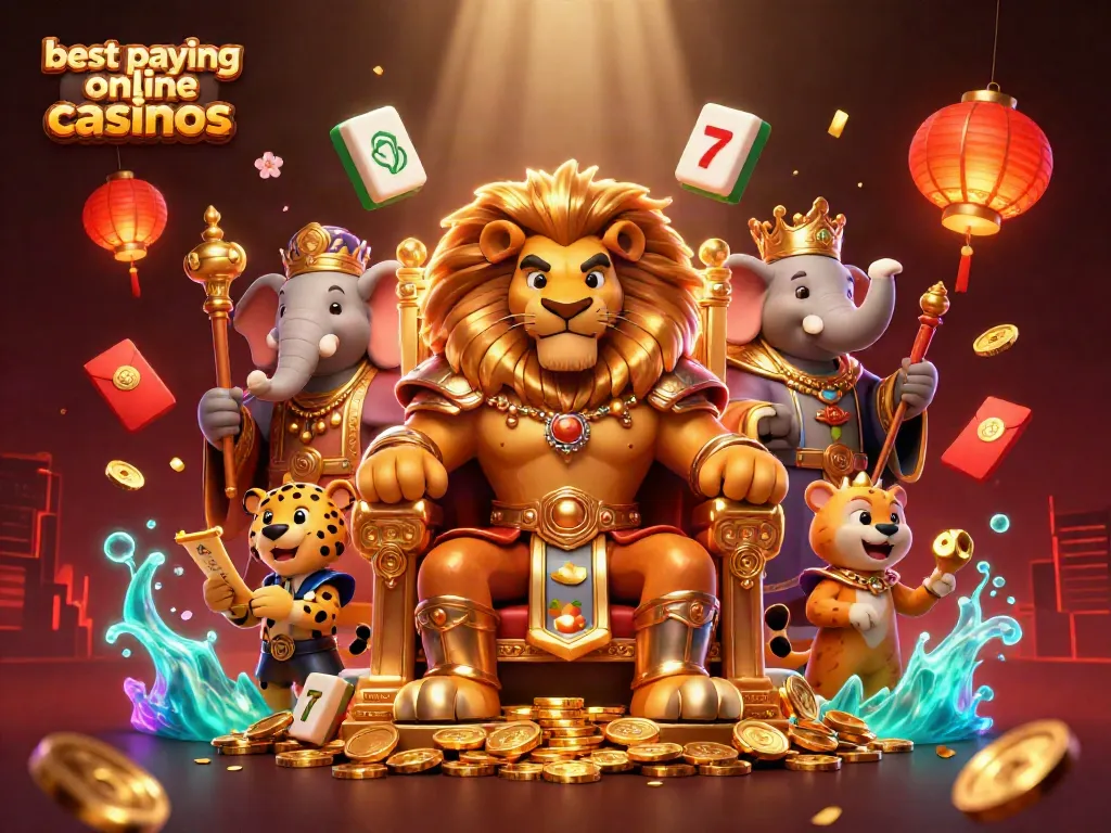 Experience the excitement of the best paying online casinos with a majestic lion, elephant, and cheetah illustration.
