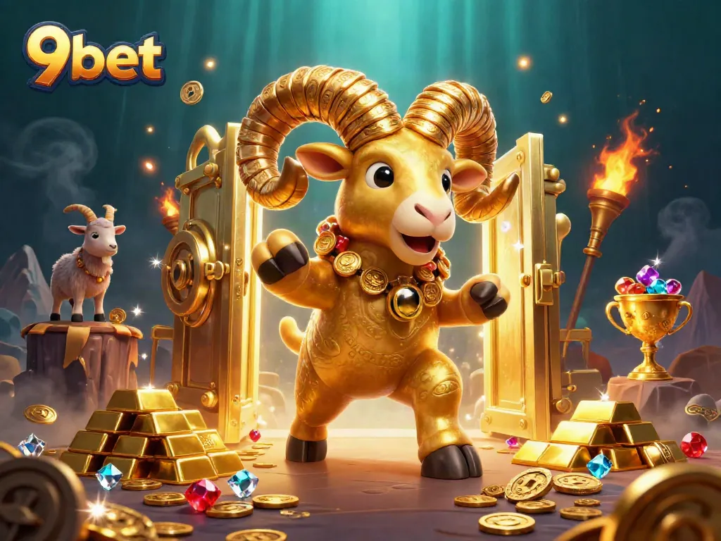 Experience thrilling excitement at 9bet with a dynamic scene of a golden ram charging through treasure