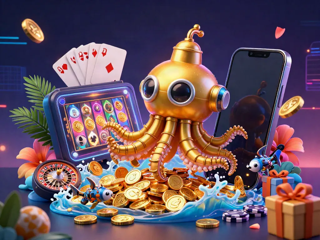 Spin vibrant slot games with Debet’s kraken submarine emerging from golden coins for a dazzling casino experience.