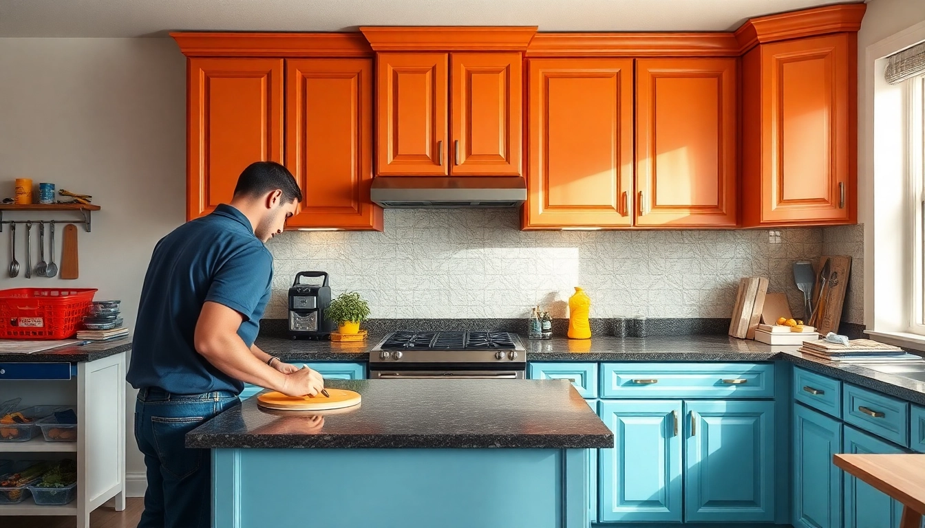 Cabinet Refacing Largo FL showcased by a skilled craftsman applying a new finish to kitchen cabinets.