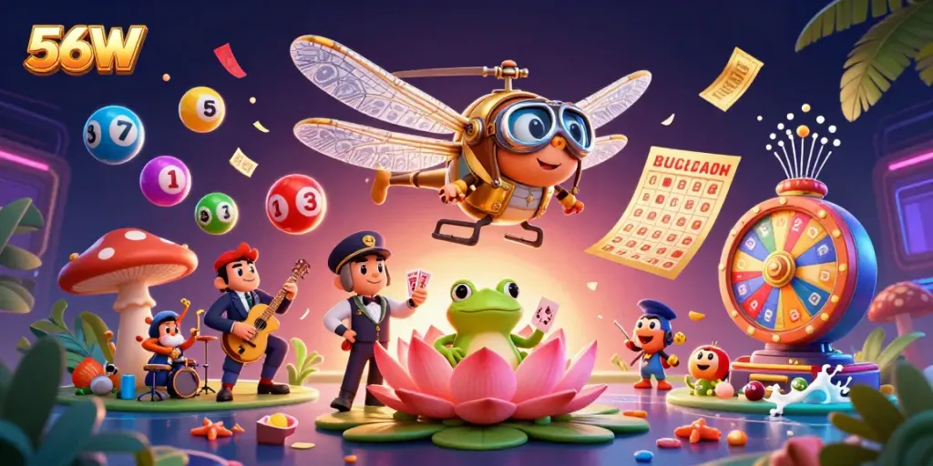 Experience the excitement of 56W with a vibrant casino scene featuring a dragonfly pilot and frog croupier.