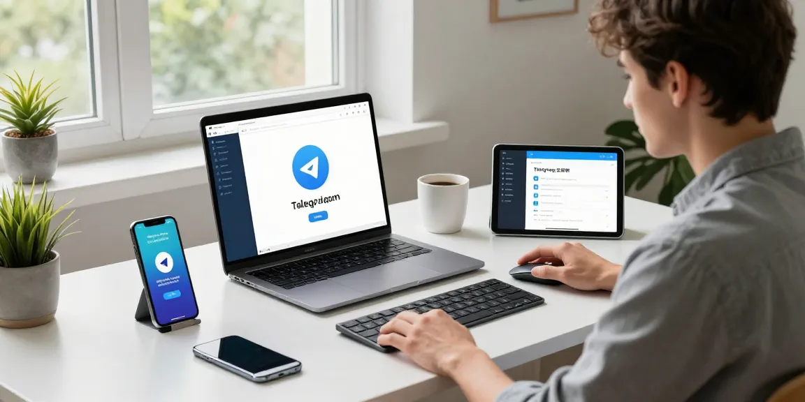 User engaging with Telegram Download on multiple devices in a bright workspace.