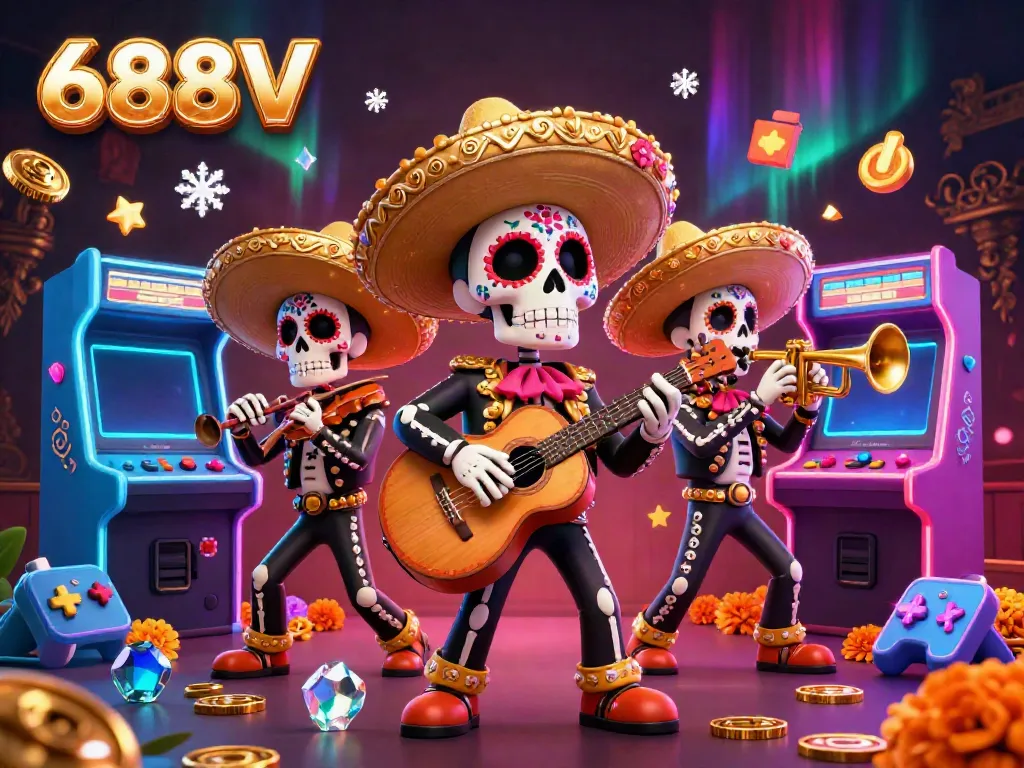 Engage with the vibrant 688V casino world featuring lively mariachi skeletons and gaming elements.