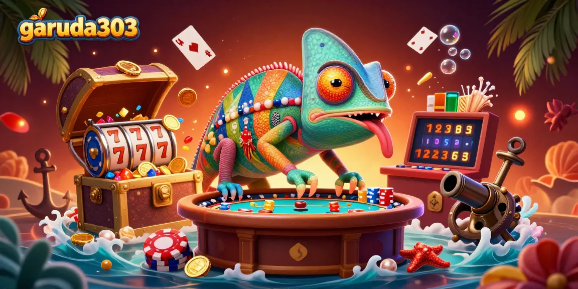garuda303 captures the excitement of gaming with a vibrant chameleon casino owner amidst slot machines and floating cards.
