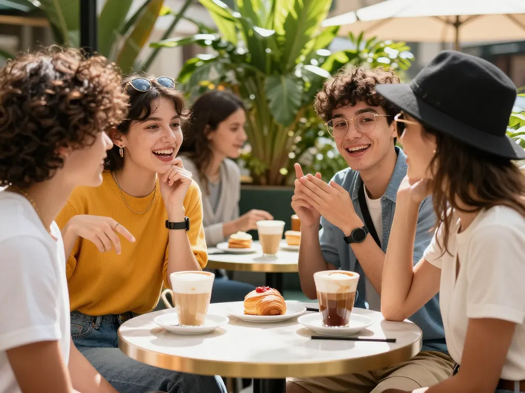 Friends sharing stories about a crush on someone at a sunny café.