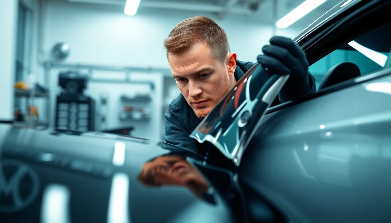 Applying paint protection film near me on a high-end vehicle with a skilled technician.