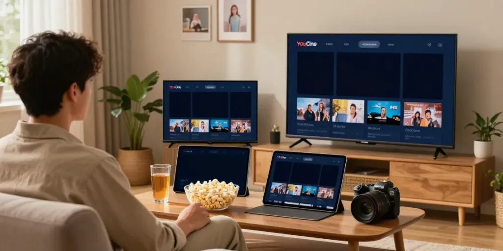 Visão do usuário desfrutando o YouCine APK no sofá com dispositivos conectados em casa, mostrando a experiência de streaming.