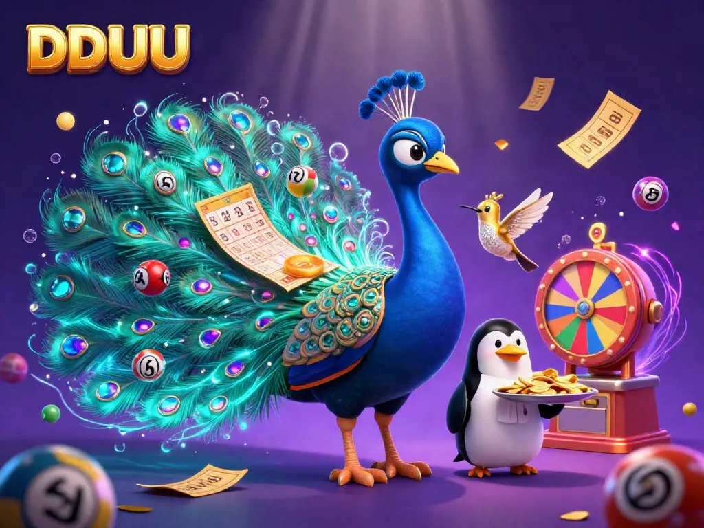 Win with DDUU at this vibrant casino scene featuring dynamic lottery games and lively characters.
