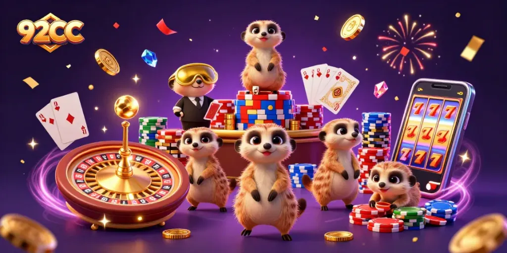 Experience thrill at 92CC with meerkats engaging in a vibrant casino operation, showcasing festive dynamics.