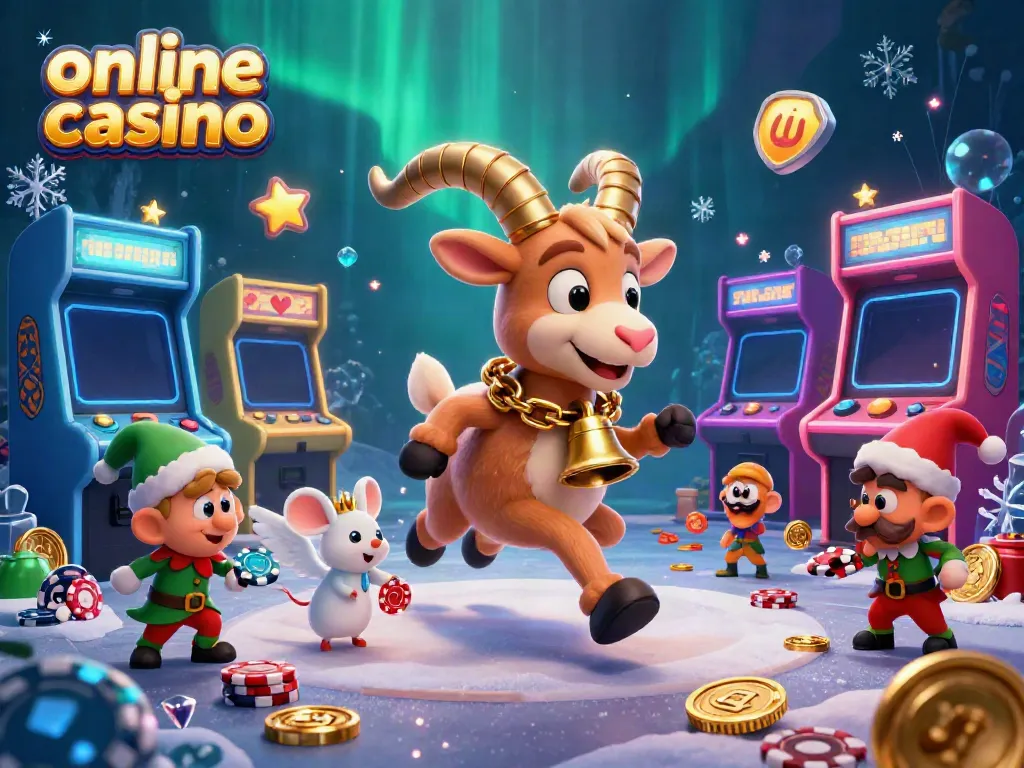 Experience the thrill of an online casino with festive characters in a detailed 3D scene.