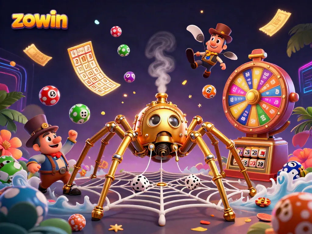 Zowin offers thrilling lottery excitement with colorful balls and dynamic gaming elements in this 3D illustration.