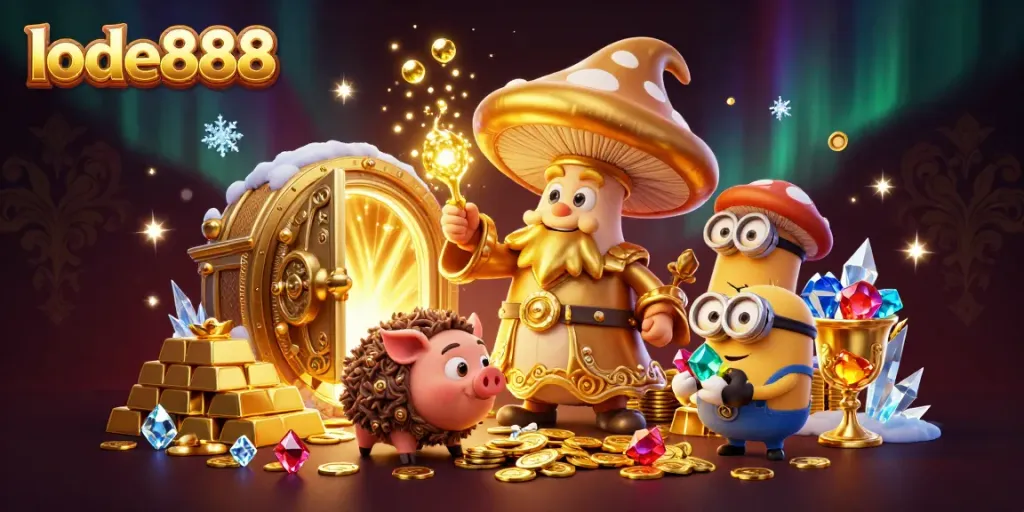 Experience the magic of lode888 with vibrant characters and treasures in a whimsical casino scene.