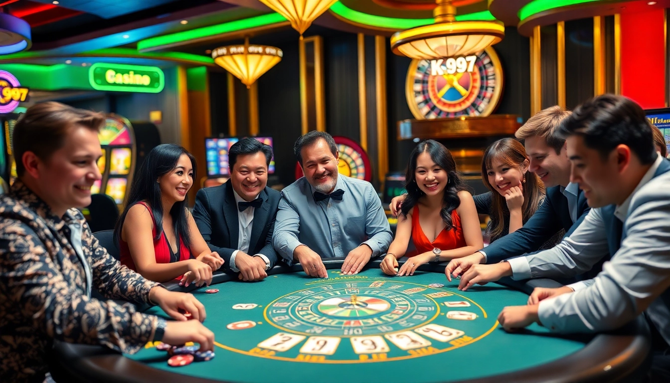 Mesa de blackjack K997 lotada de jogadores ansiosos, demonstrando empolgação e a energia vibrante do cassino.