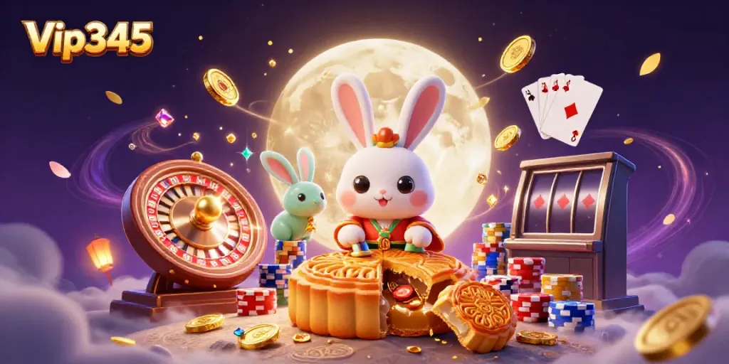 Experience thrilling gaming with Vip345, featuring a moon rabbit uncovering poker chips on the lunar surface.