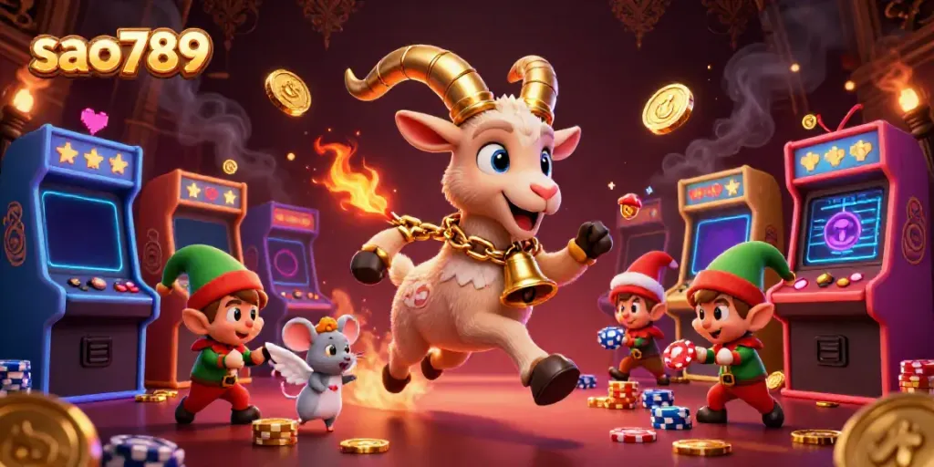 Sao789 features a 3D cartoon Krampus goat running a casino with angel mouse and elf gremlins.