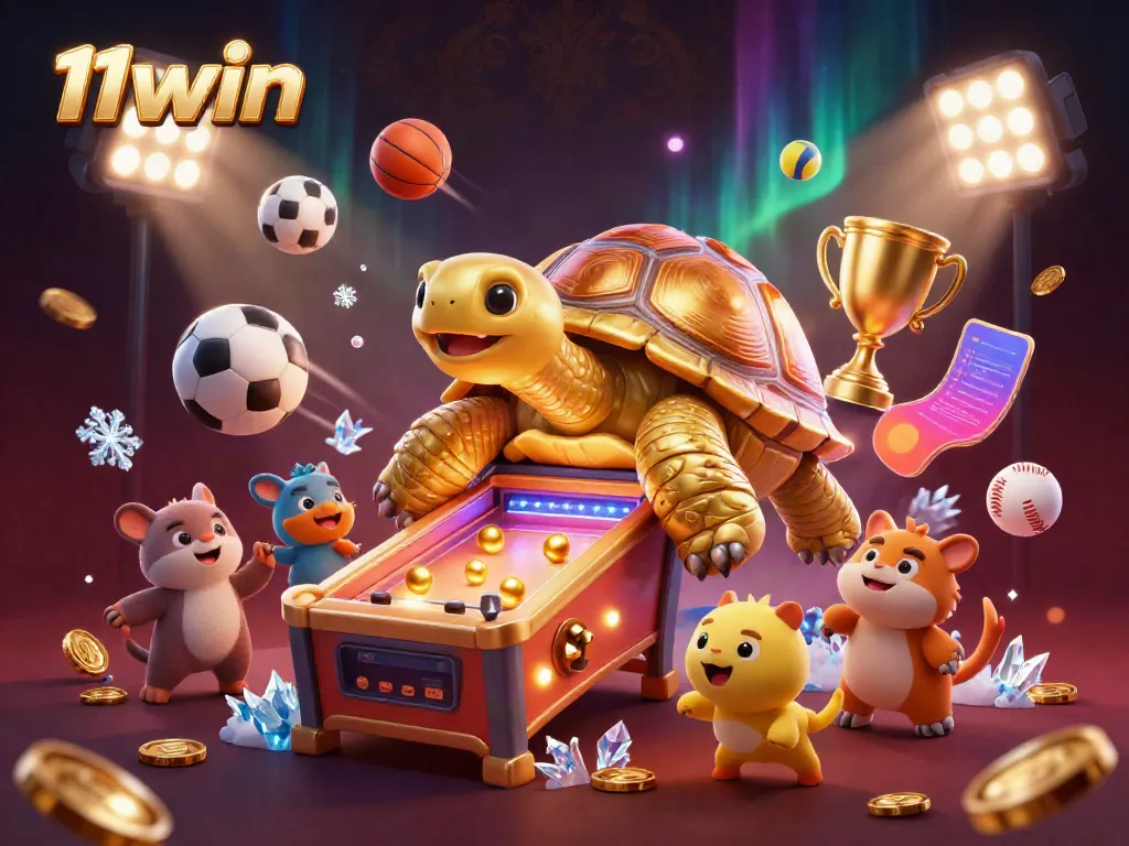 Experience thrilling 11win action with a golden tortoise pinball machine and vibrant sports elements in a dynamic casino scene.