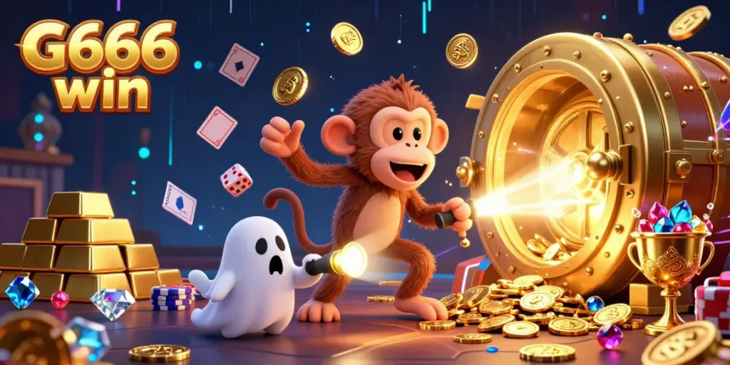 Experience G666 win in an exciting illustration of a playful poltergeist monkey juggling coins and treasures in a haunted casino.