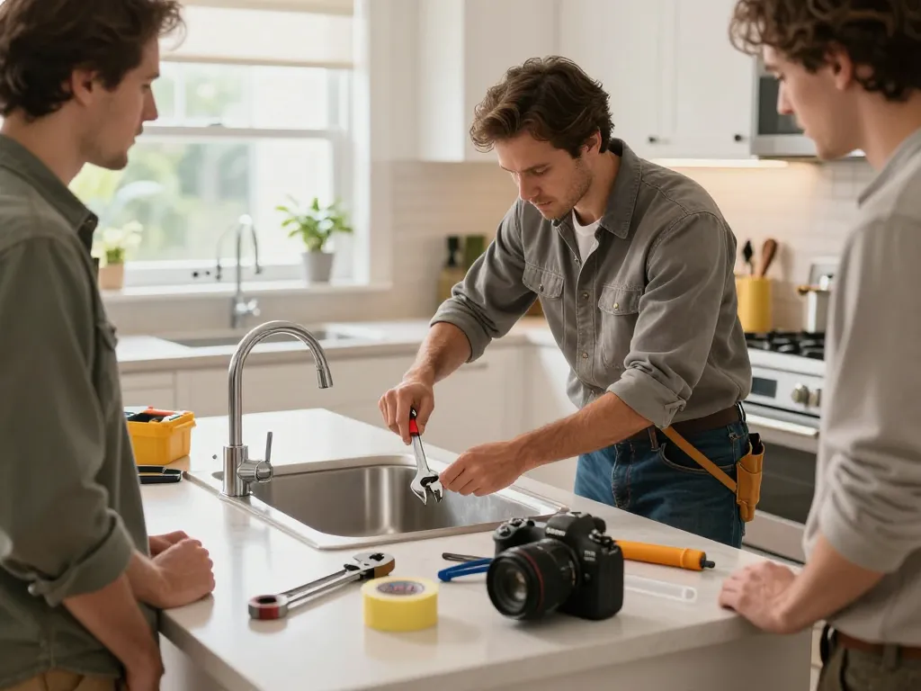 Professional plumber working on sink installation while homeowner observes, showcasing expert plumbing services.