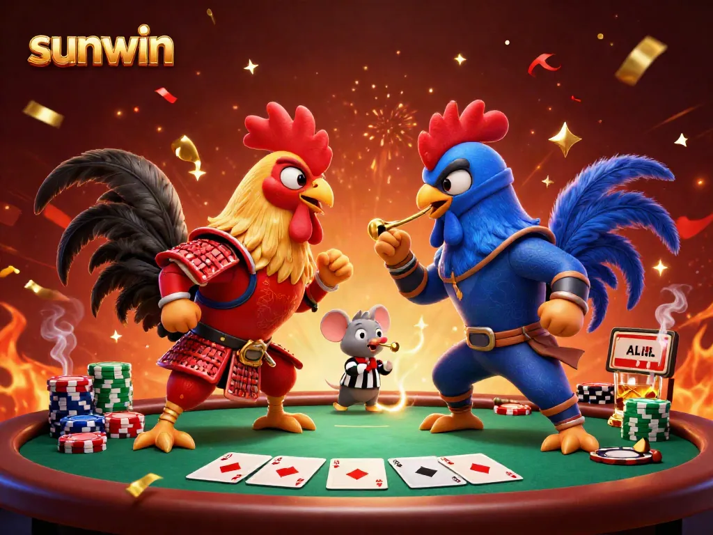 Sunwin's vibrant illustration of twin fighting roosters at a poker table, showcasing dramatic gameplay dynamics.