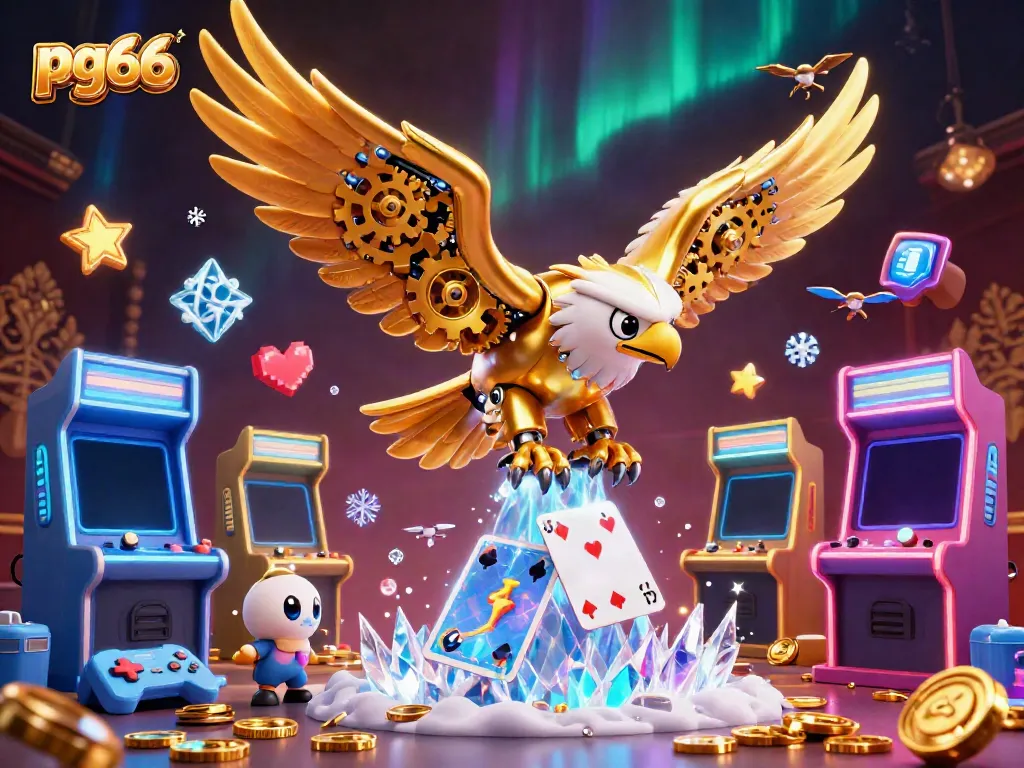 Engage with pg66's exciting world as a golden eagle dives through holographic cards in a dynamic casino scene.