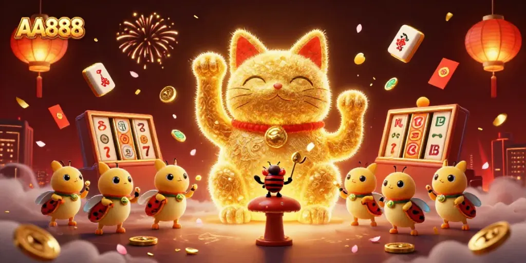 Experience legendary wins at AA888 with vibrant 3D casino-themed illustration featuring lucky symbols.