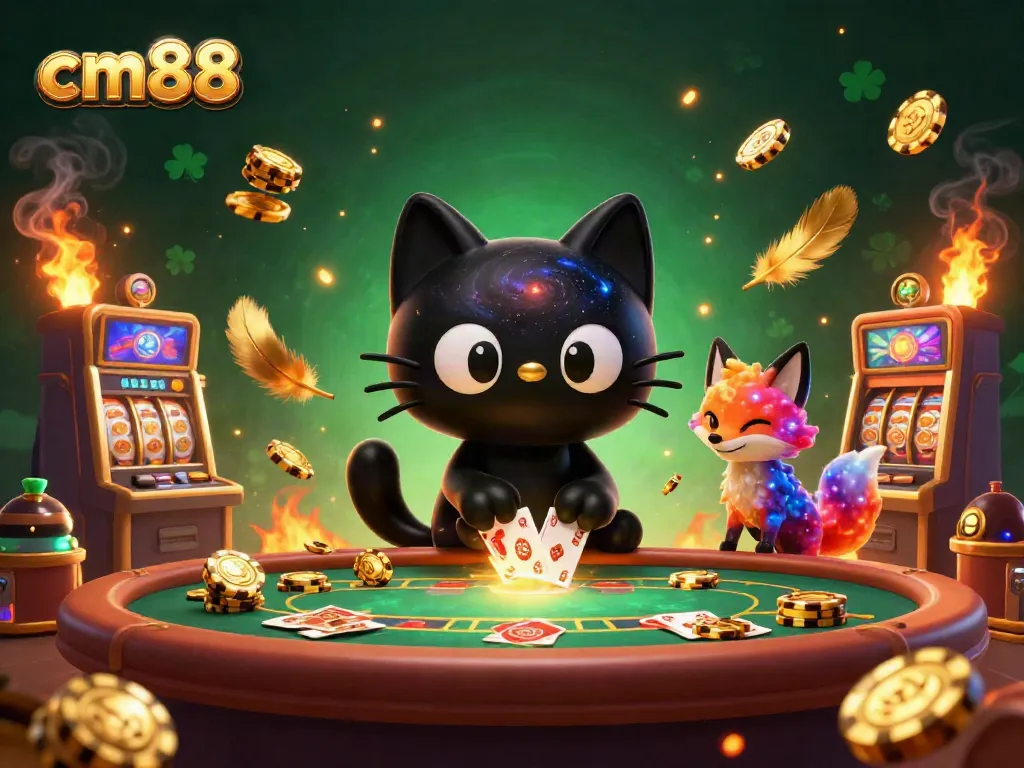 Experience the excitement of cm88 as the cosmic cat pulls in golden chips at the casino table.